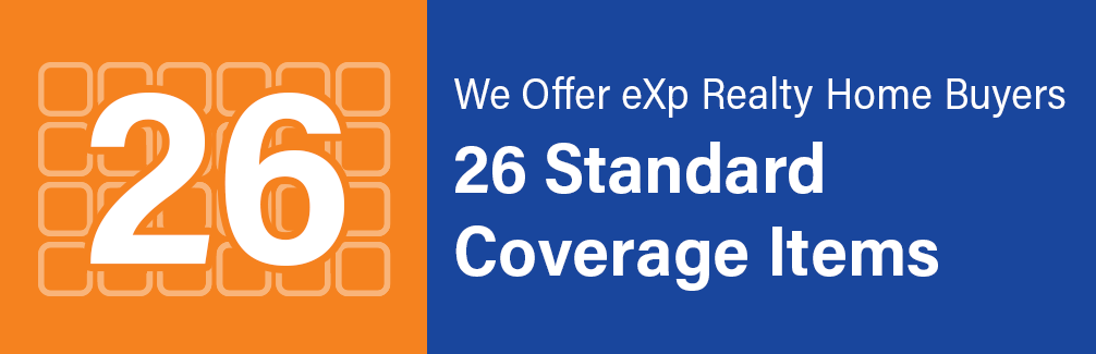 Promotional banner highlighting eXp Realty's offer of 26 Standard Coverage Items for Home Buyers in an orange and blue design.