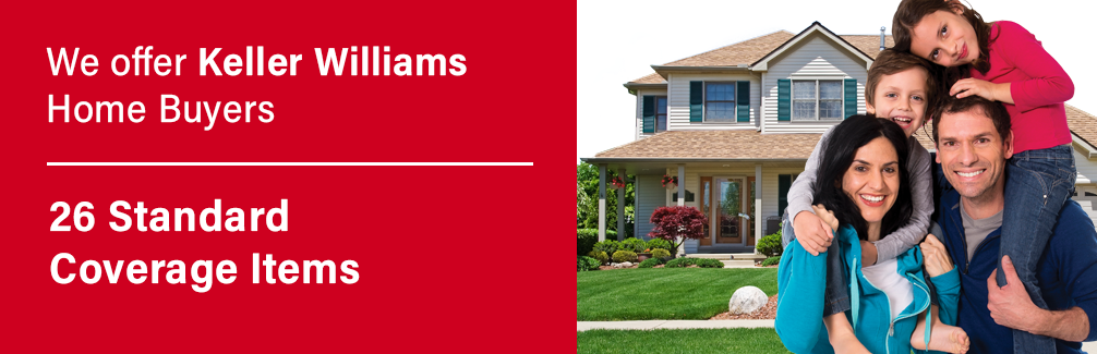 Advertising banner for Keller Williams showcasing a family in front of a house with the offer of 26 Standard Coverage Items for Home Buyers on a red background.