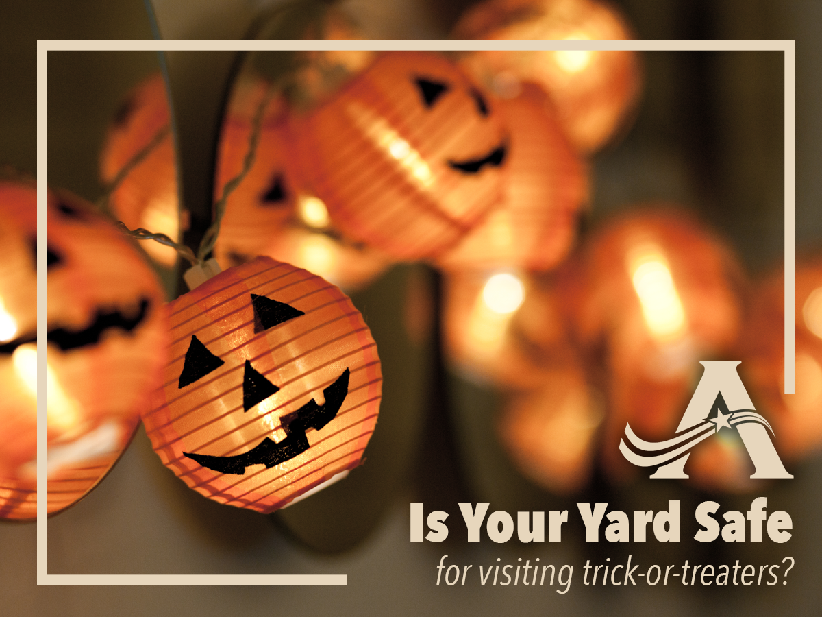 String of Jack-o-Lantern lights w/ Title: Is Your Yard Safe for Trick or Treaters?